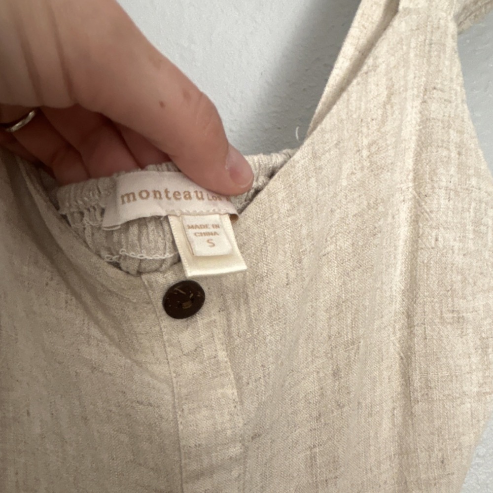 Monteau Beige Linen Blend Sundress S Button Front Ruffle Strap Knee Length - Picture 2 of 11
